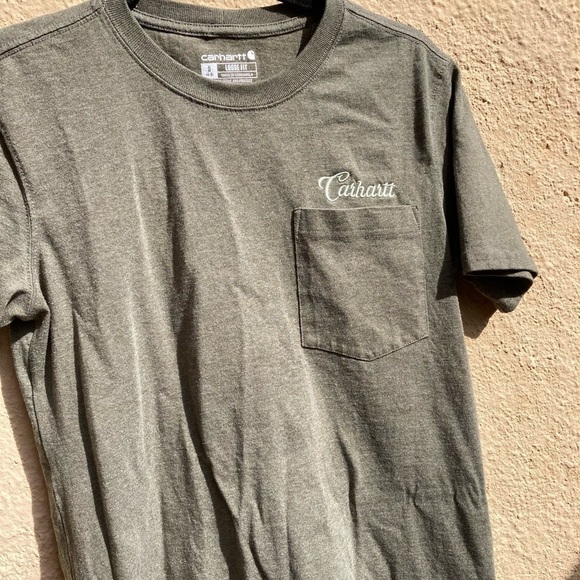 Women's Carhartt T-Shirt Green Spell-Out Cursive S Crew Cotton Pocket Cursive - Picture 7 of 12